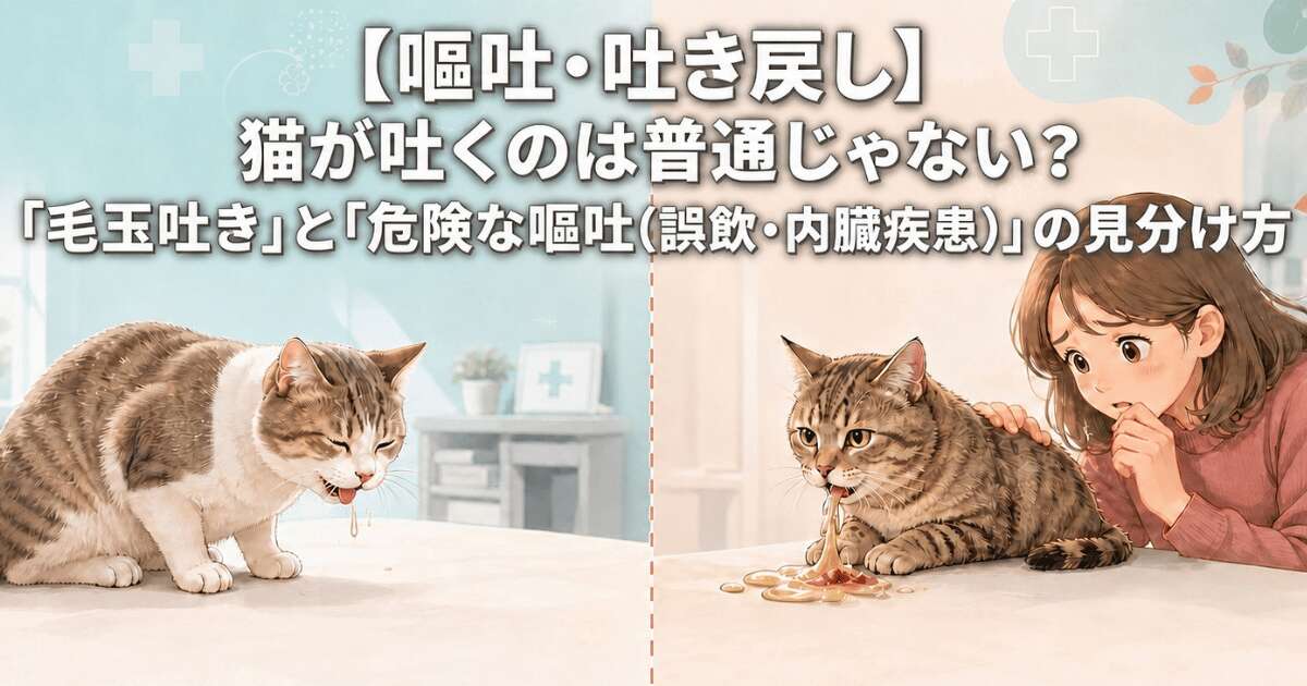 【嘔吐・吐き戻し】猫が吐くのは普通じゃない？「毛玉吐き」と「危険な嘔吐（誤飲・内臓疾患）」の見分け方
