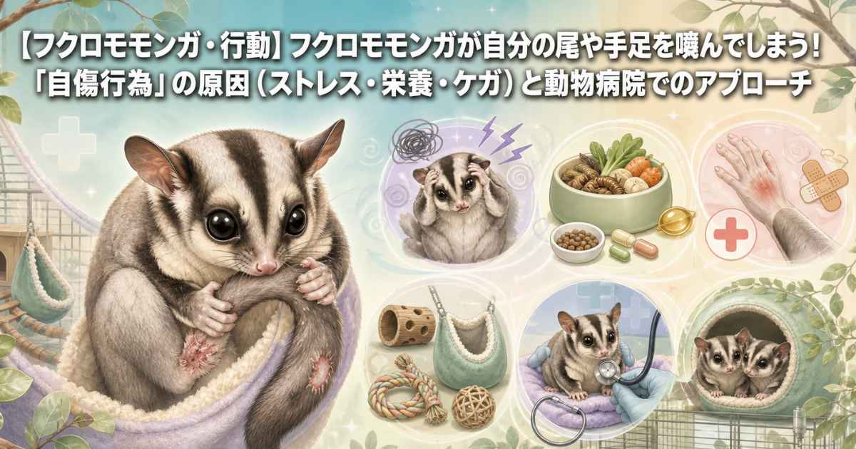 【フクロモモンガ・行動】フクロモモンガが自分の尾や手足を噛んでしまう！「自傷行為」の原因（ストレス・栄養・ケガ）と動物病院でのアプローチ